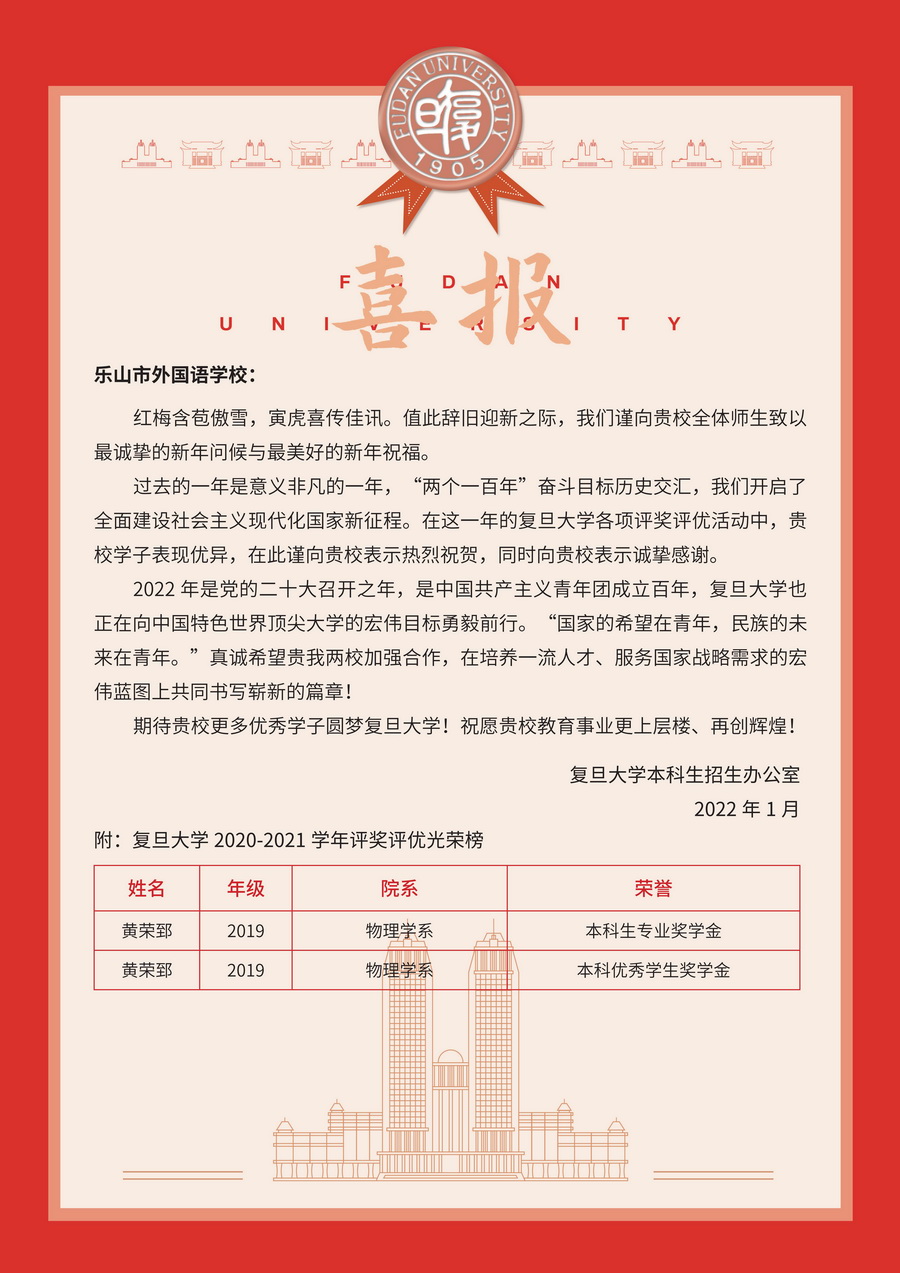 喜報|2019屆畢業(yè)生黃榮郅 喜獲復(fù)旦大學(xué)獎學(xué)金！